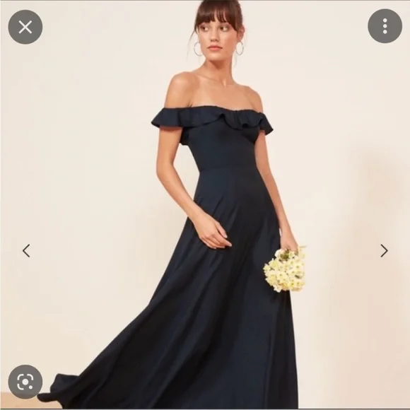 Reformation Verbana navy blue square neck off shoulder ruffle evening gown dress - Picture 5 of 8